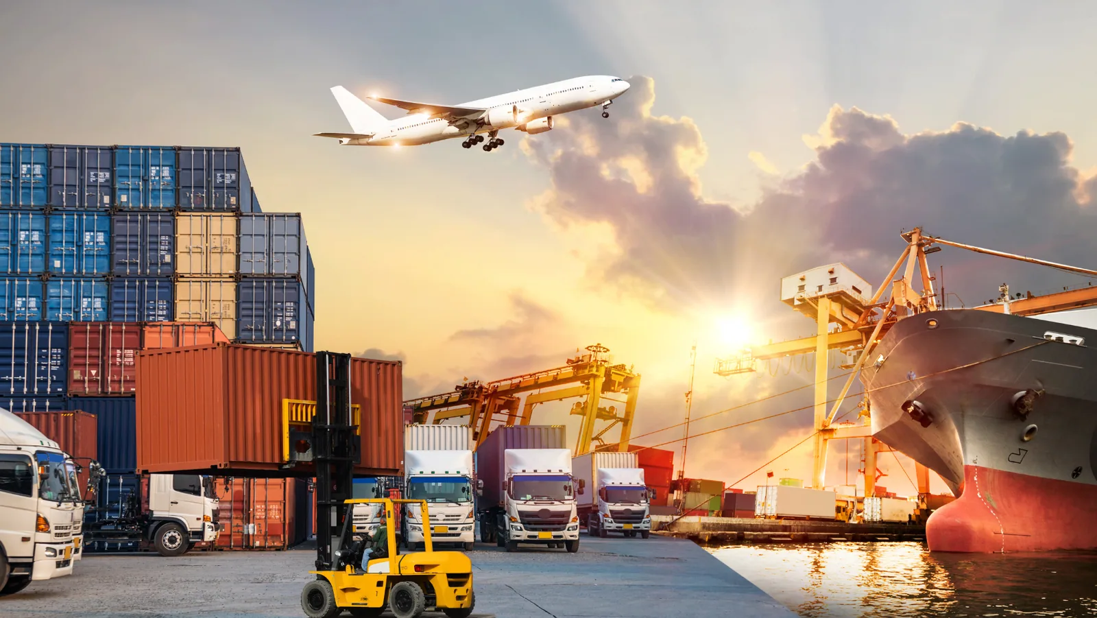 Transport și logistică globală — porturi, camioane și avioane în mișcare